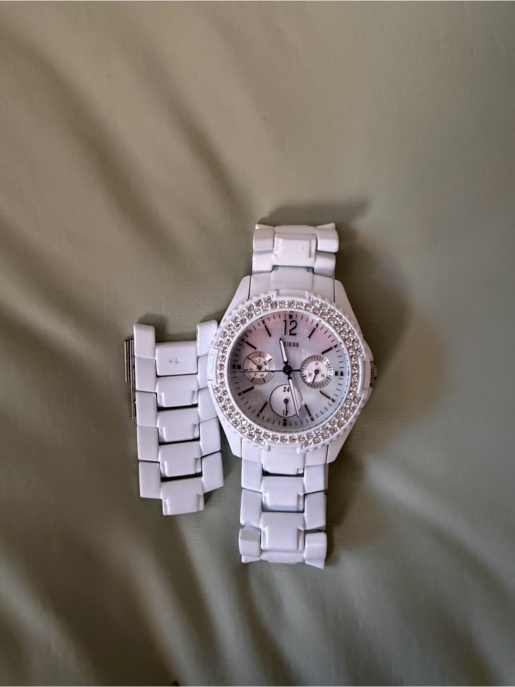 Guess White Ceramic Crystal Bezel Womens Watch